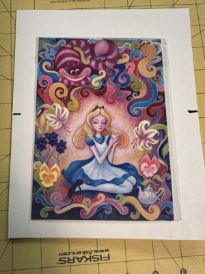 Alice and the Cheshire Cat tea party large postcard