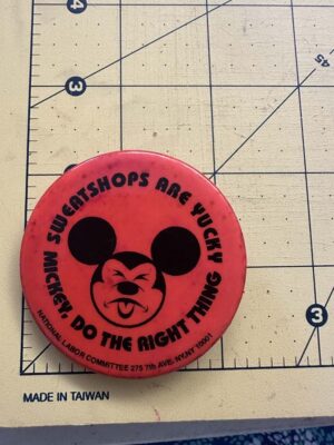 National Labor Committee unlicensed Mickey Mouse button