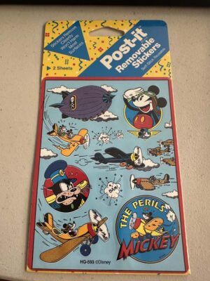 Vintage 1990 Post-it removable stickers feature the Perils of Mickey theme, showcasing Mickey Mouse in various airplane scenes
