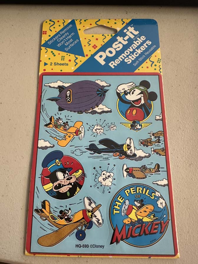 Vintage 1990 Post-it removable stickers feature the Perils of Mickey theme, showcasing Mickey Mouse in various airplane scenes