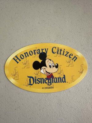 vintage Disneyland "Honorary Citizen" oval sticker features Mickey Mouse