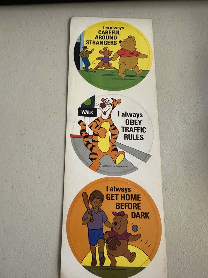 1978 Walt Disney Productions educational stickers featuring Winnie the Pooh characters