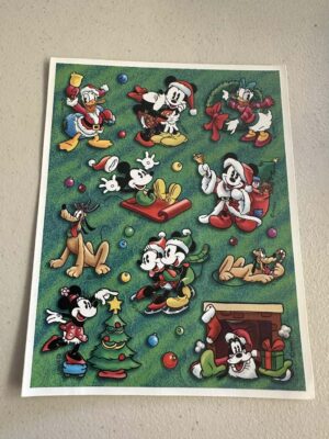 Vintage sticker sheet from Hallmark featuring Mickey Mouse, Minnie Mouse, Donald Duck, and Pluto in Christmas-themed attire