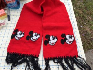 Red Mickey Mouse knitted scarf