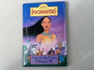 1996 promotional pin button from Disney for the Pocahontas video release