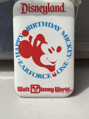 Vintage 1988 Disney button commemorating "Earforce One," a Mickey Mouse-shaped hot air balloon.