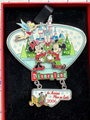 Disneyland Resort 2006 "Merriest Place on Earth" Christmas jumbo pin featuring Mickey Mouse, Minnie Mouse, and Tinker Bell