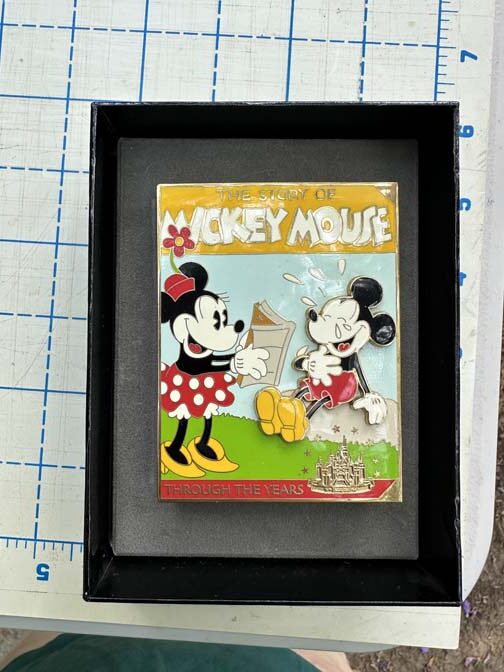 Jumbo pin "The Story of Mickey Mouse Through the Years," featuring Mickey and Minnie Mouse in a classic animation style - Image 6