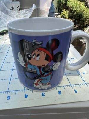 1980s Disney mug featuring Mickey Mouse on a phone With Minnie Mouse