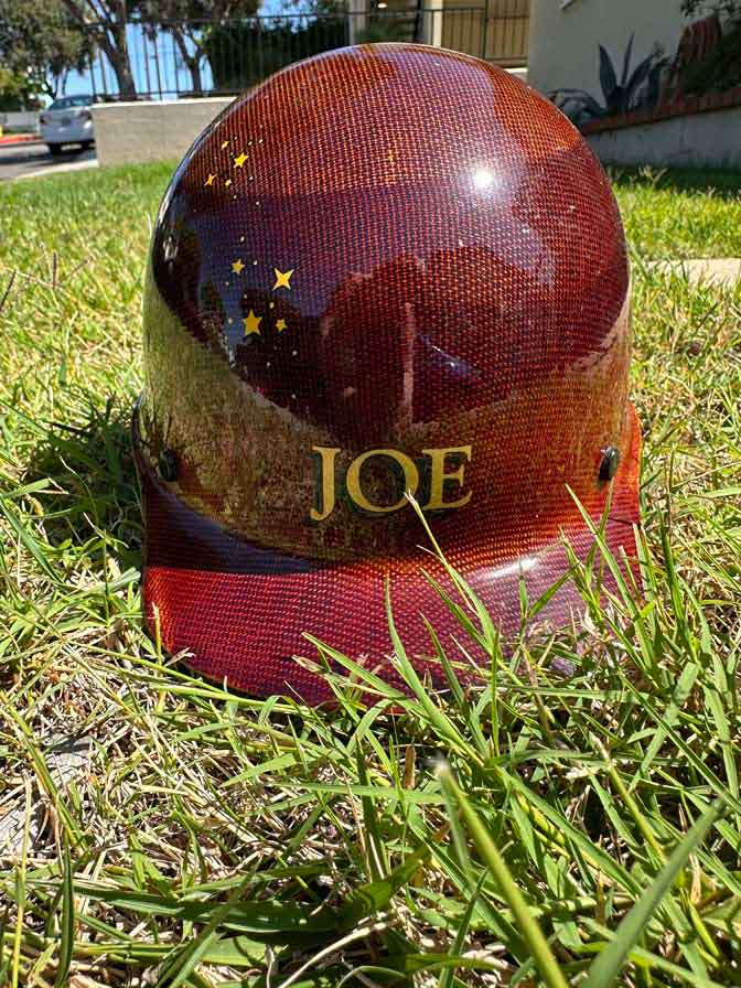 Walt Disney Imagineering (WDI) hard hat, JOE name specifically featuring a red carbon-fiber style finish and Sorcerer Mickey Mouse. - Image 12