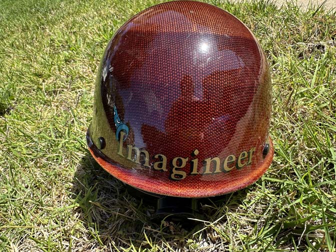 Walt Disney Imagineering (WDI) hard hat, JOE name specifically featuring a red carbon-fiber style finish and Sorcerer Mickey Mouse. - Image 13