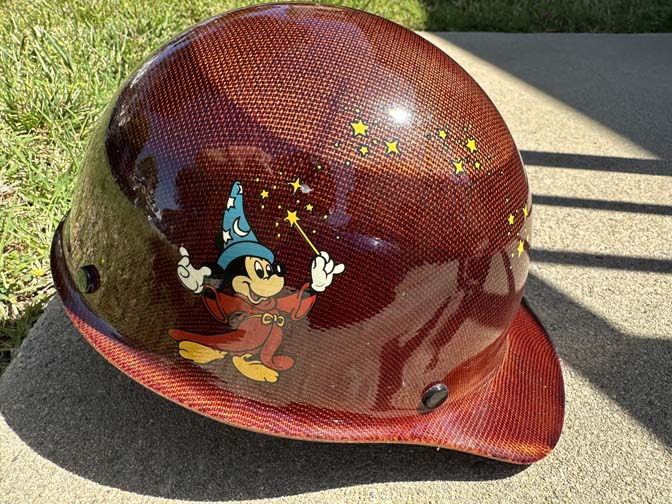 Walt Disney Imagineering (WDI) hard hat, JOE name specifically featuring a red carbon-fiber style finish and Sorcerer Mickey Mouse. - Image 2