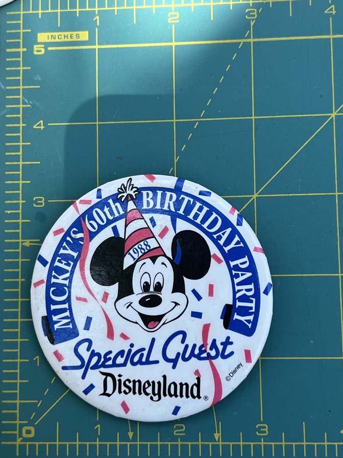 1988 Disneyland "Special Guest" button celebrating Mickey Mouse's 60th birthday party