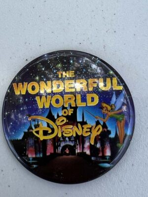 Disney button featuring the classic "The Wonderful World of Disney" logo and Tinker Bell