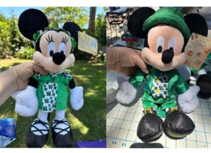 Disney Store Authentic Dublin Irish Shamrocks Minnie and Mickey New with tags featuring detailed clover patterns on their clothing
