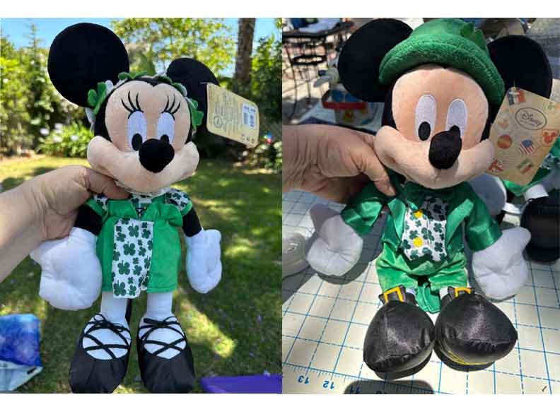 Disney Store Authentic Dublin Irish Shamrocks Minnie and Mickey New with tags featuring detailed clover patterns on their clothing